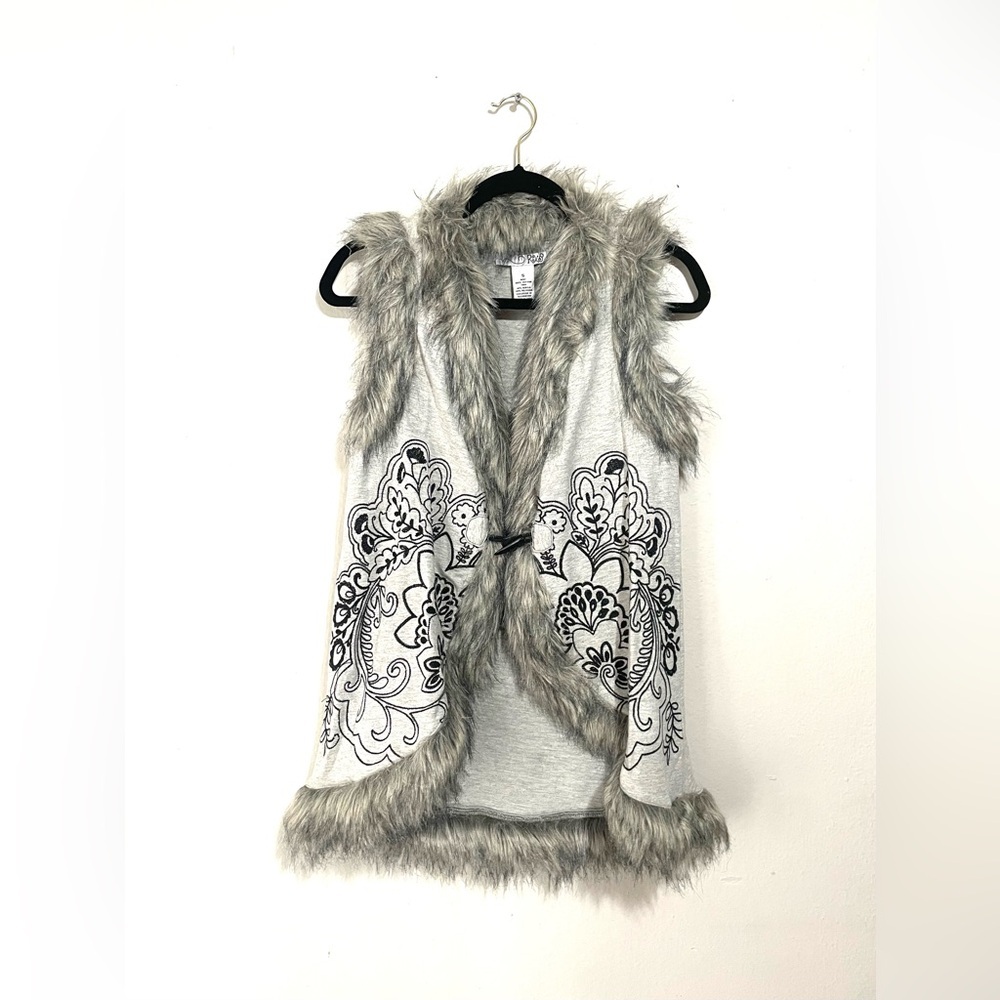 Y2K RXB Faux Fur Trimmed Floral Embroidered Patterned Vest Women Size S Grey